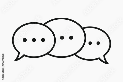 Three overlapping black speech bubbles show group discussion in a simple line icon