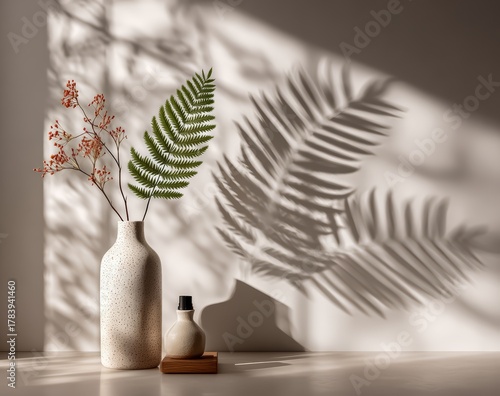 Vase with a leaf in it sits on a table. The vase is white and the leaf is green