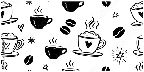 
Morning coffee seamless pattern, hand drawn hot drink doodle banner, cafes breakfast cartoon graphic. Black espresso cup, big cappuccino mug, trendy background menu decor. Coffee pattern charcoal art