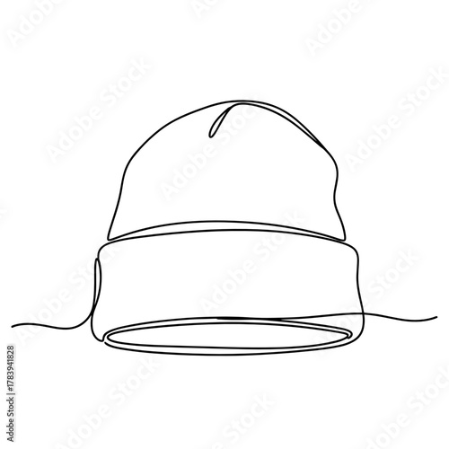 Single line drawing of a knitted beanie hat on white background  