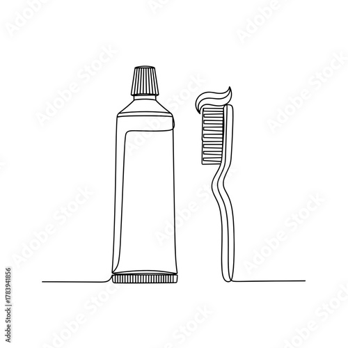 Toothpaste tube and toothbrush outlined in minimalist style  