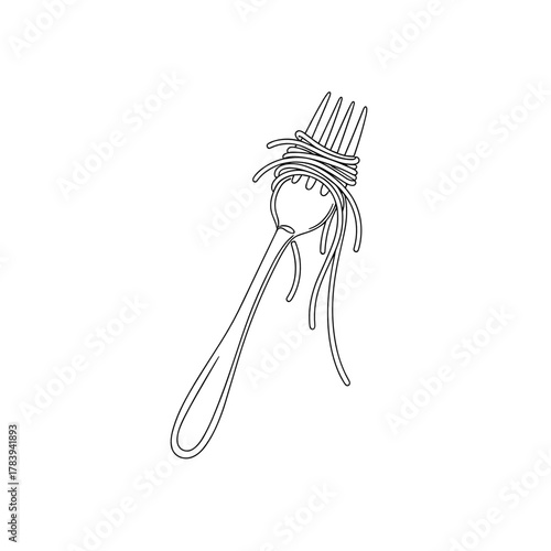 Fork with spaghetti noodles wrapped around the tines in line art  