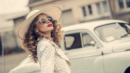 A woman in wide-brim hat and sunglasses standing near classic car, old Hollywood fashion glamour, retro luxury