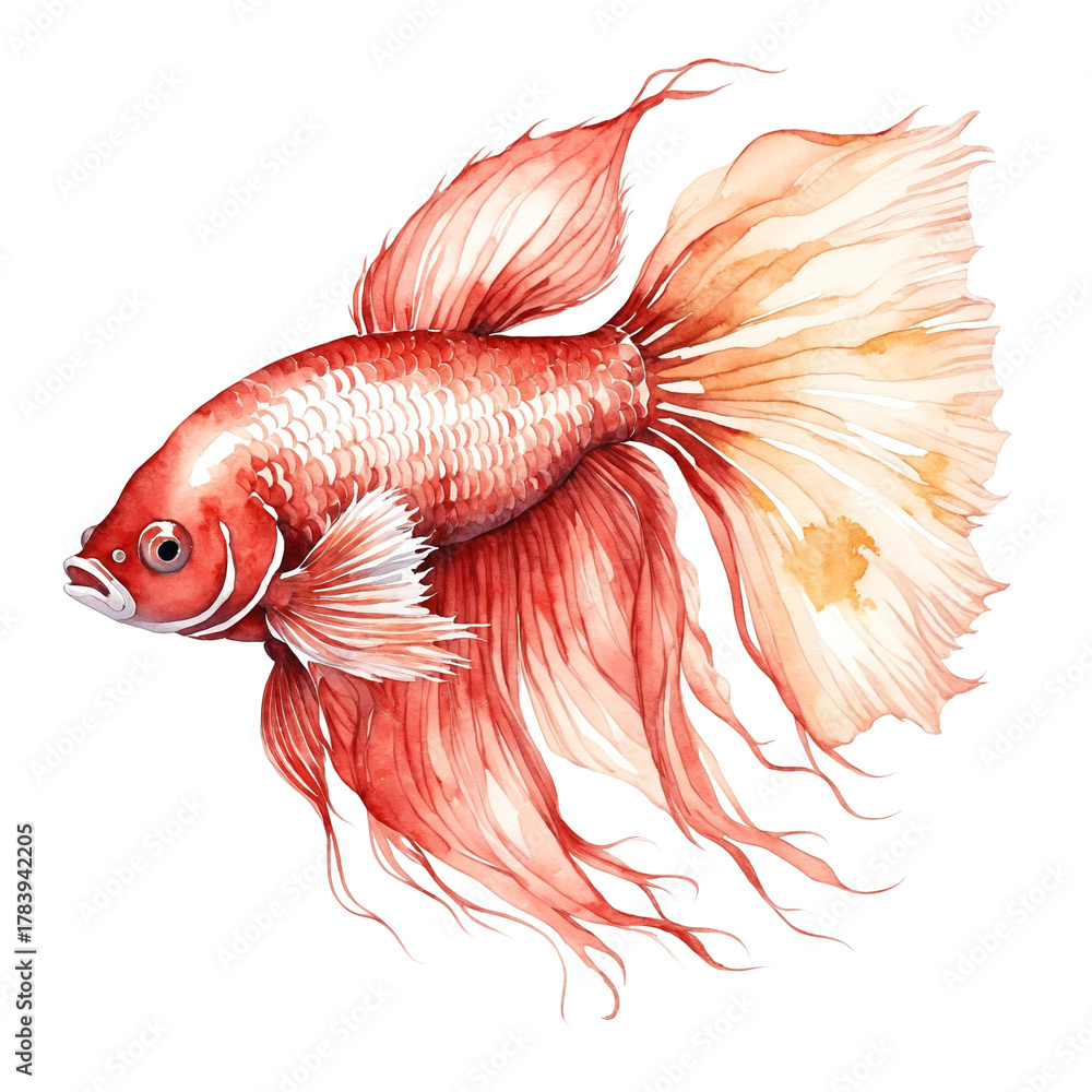 Fototapeta premium Watercolor illustration of a red betta fish with delicate brush strokes and fine gold outlines, elegant aquatic art in soft tones, detailed painting on white background