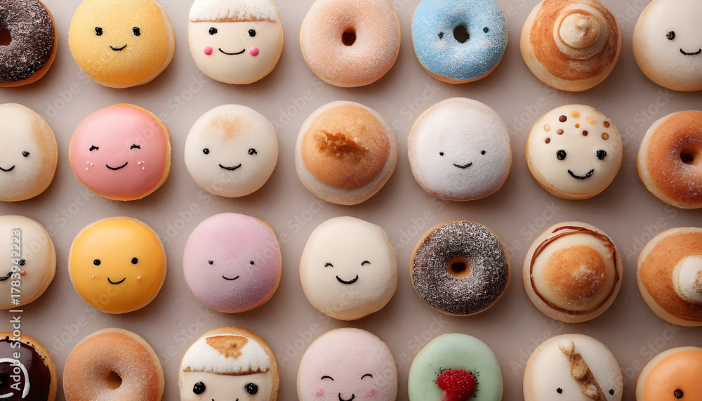 Obraz premium Smiling Donut Rolls Across Assorted Pastry Selection