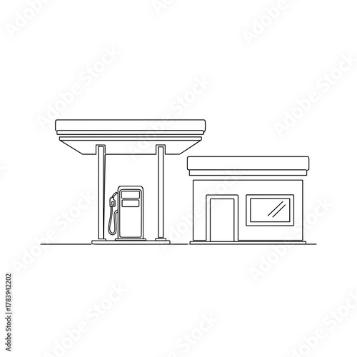 Gas station with pump and convenience store in simple line art  