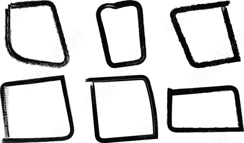 Six hand drawn rough rectangular frames with rounded corners isolated on transparent background