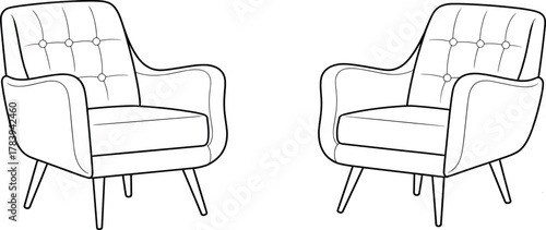 Set of two mid-century modern armchairs, line art vector illustration, isolated furniture sketch for interior design, comfortable seating outline icon