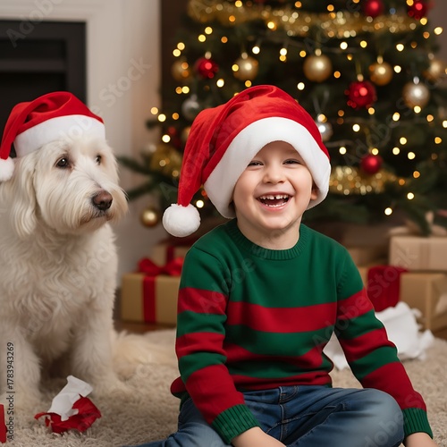 Joyful child and dog in festive attire beside a decorated tree