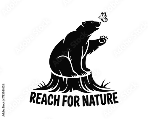 Black bear and butterfly on tree stump with nature text vector.