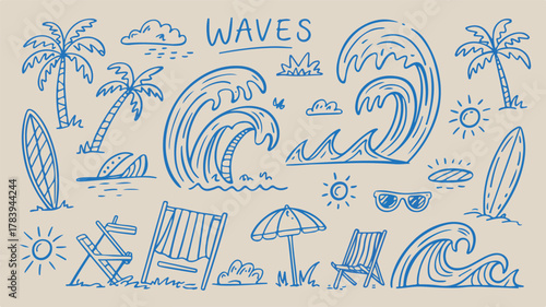 Surf and beach summer vacation hand drawn doodle art