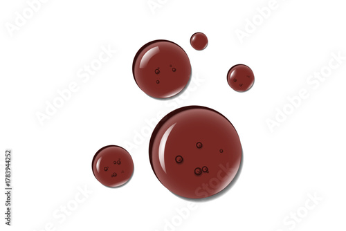 Realistic transparent water or oil droplets or drops on wet clear  surface with crystal clarity circle, rounded water-drop, gel or serum. Fresh clear red liquid drop texture, honey bubbles, moisture