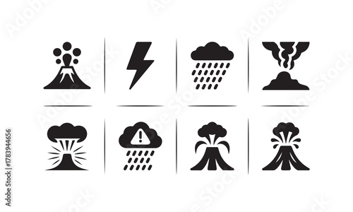 Natural disaster and weather warning black icons