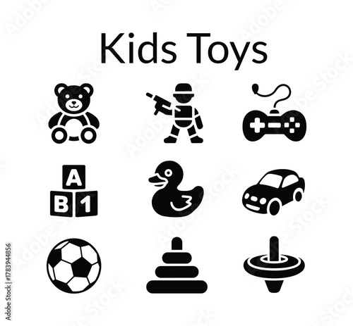 Set of collection of diverse playful objects for children kids toys, teddy bear, soldier, game, controller, duck, car, soccer.