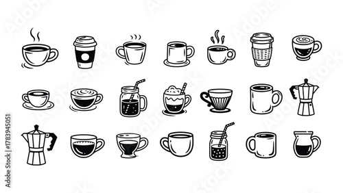 Set of collection of coffee cups and brewing devices mugs espresso, coffee, cups, latte, cappuccino, mocha.