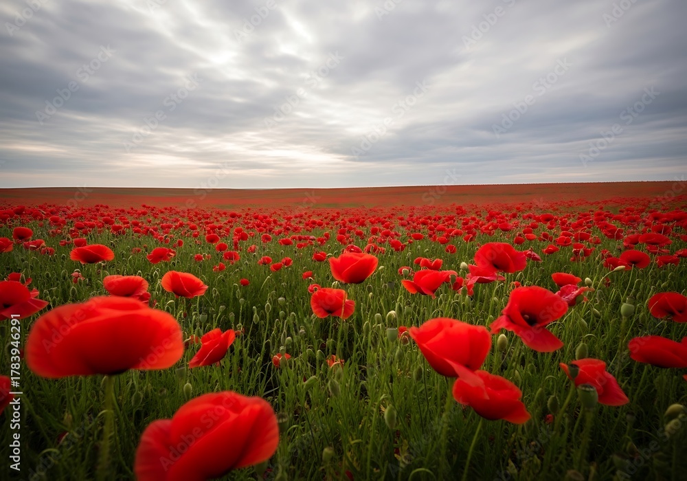 Fototapeta premium Vast field of vibrant red poppies blooming under a dramatic cloudy sky at sunset