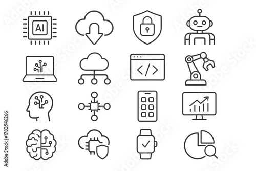 Artificial Intelligence, Machine Learning, and Robotics Line Icons Set