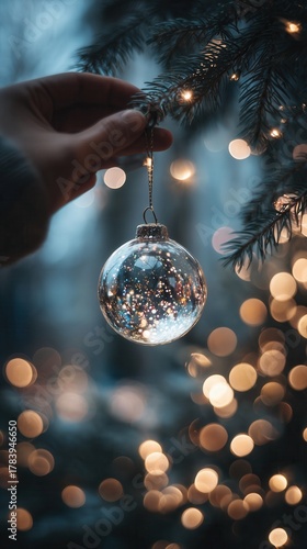 Glass bauble on christmas tree with warm lights