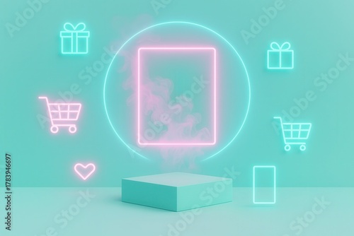 Cyber monday neon backdrop with glowing icons