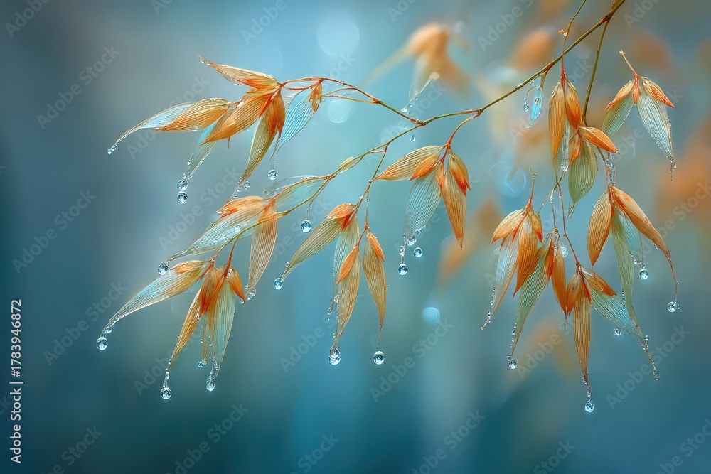 Naklejka premium Delicate golden plant stems glistening with dew drops on a soft blue bokeh.