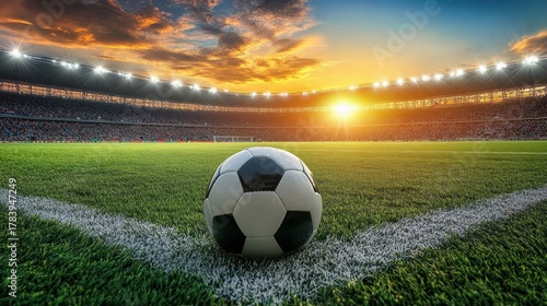 A soccer ball on the field in a stadium at sunset with a crowd of people in the background