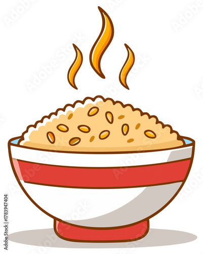 Cartoon bowl of steaming hot rice cereal breakfast with red stripes and fire flames above