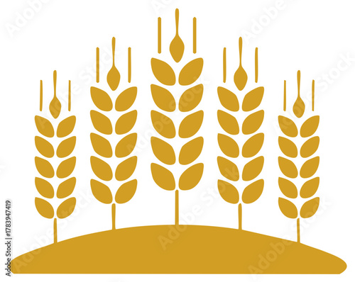 Stylized golden wheat stalks and ears growing from a field, representing agriculture and harvest