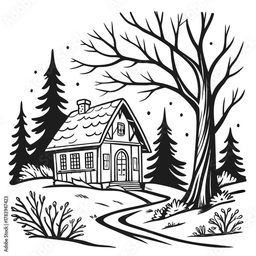 Graphic illustration of a lonely house in a snowy forest. The winter landscape creates an atmosphere of solitude, peace and fabulous charm, and the trail leads to the only warmth in the midst of the s
