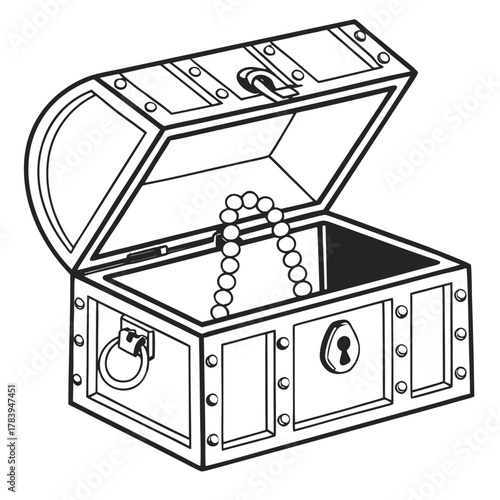 Graphic contour sketch of an open chest with pearls, black and white line art, blank for a children's coloring book or a pirate-style quest