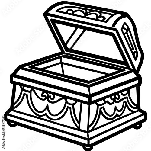 A black-and-white contour drawing of an open empty chest with decorative carved patterns, resembling a fairy-tale casket or a blank for coloring. A silent invitation to personally fill your life with 