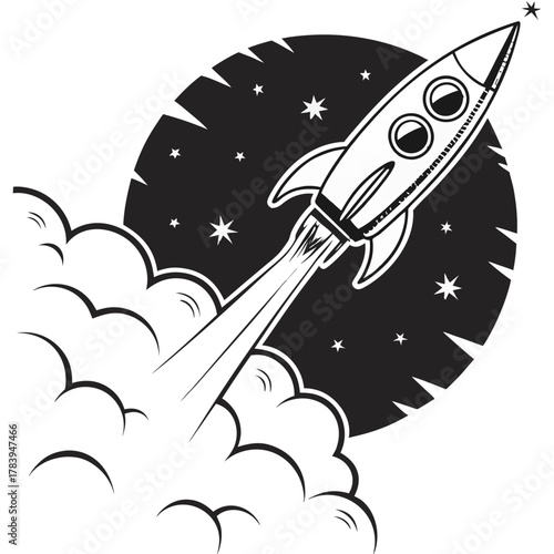 Vector graphics of a rocket's rapid takeoff with lush clouds of smoke on the background of a dark circle with a scattering of stars, symbolizing the launch of a new project on the background of a star