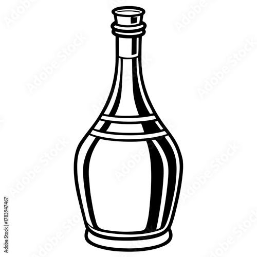 Black and white linear drawing of a glass bottle with a stopper on a white background, a vector icon of a magic potion or a decanter for drinks
