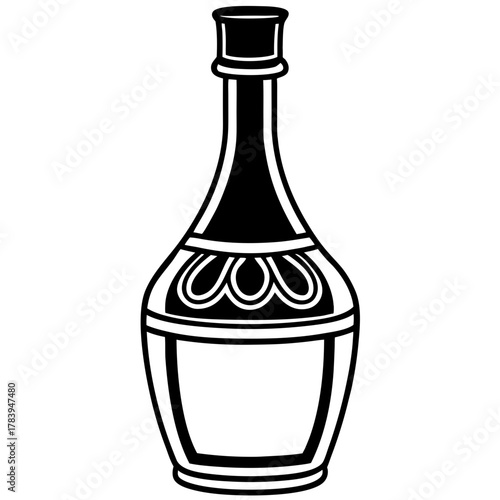 Vector illustration of a potbellied bottle or decanter with a high neck and a worn stopper. The drawing is made in a contrasting style, with an emphasis on decorative ornaments.