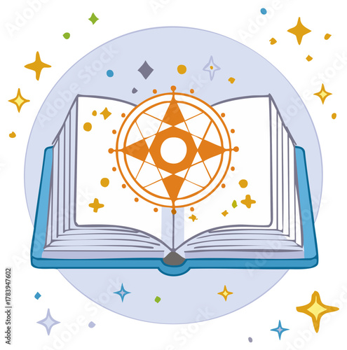 Magical open book with mystical compass symbol and glowing stars