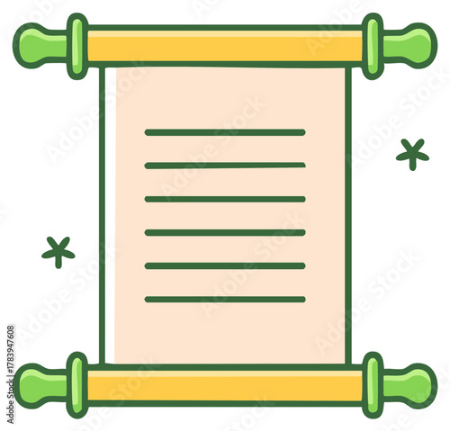 Cartoon style parchment scroll with decorative accents featuring lines and stars for story telling or messages