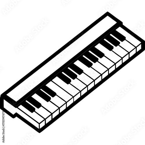 A vector icon in an isometric projection of a piano keyboard or synthesizer. The drawing is made with thick contour lines, proving that only two colors and seven notes are enough to create an entire u