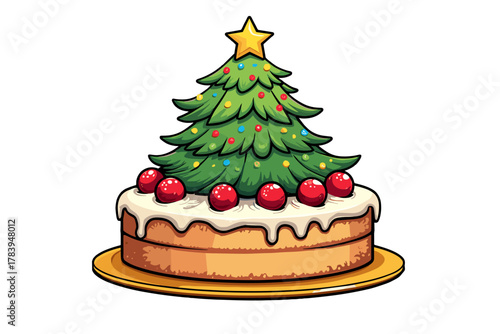 A festive Christmas tree-shaped cake decorated with icing and cherries is perfect for festive occasions on a transparent background