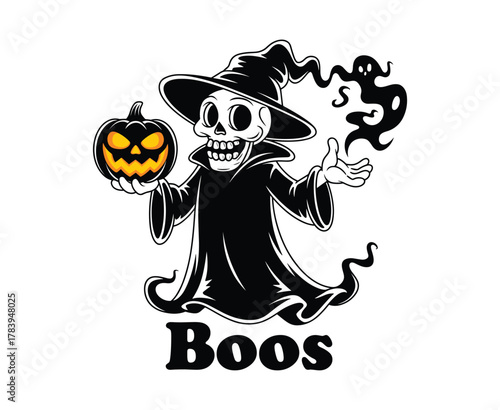 Spooky skeleton wizard holding glowing pumpkin with ghostly companions halloween.