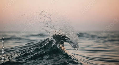 Fototapeta Naklejka Na Ścianę i Meble -  Powerful ocean wave cresting with a dramatic splash. Cinematic close up of turbulent sea water in motion. Natural force and environmental beauty. Abstract concept for momentum and flow