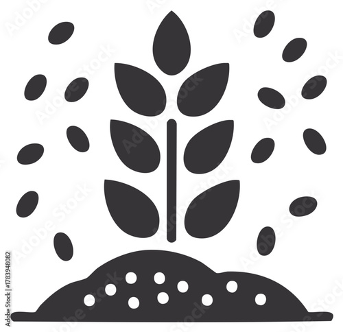 Agriculture icon depicting a plant growing from fertile soil with falling seeds