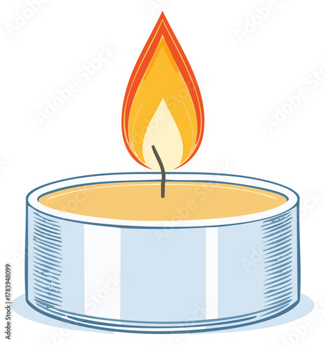 Single lit tea light candle with a bright warm flame burning and a simple sketched metal holder.