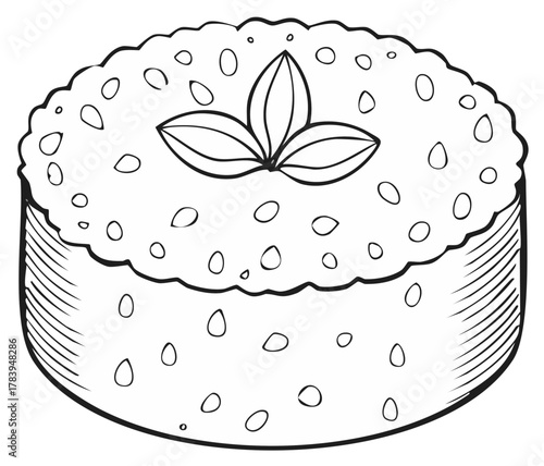 Hand Drawn Outline of Sushi Roll with Sesame Seeds and Basil