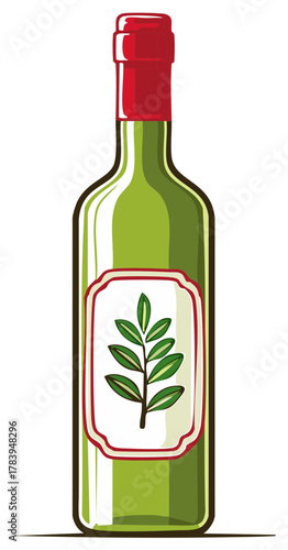 Green glass wine bottle with a red foil cap and a simple botanical leaf label illustration