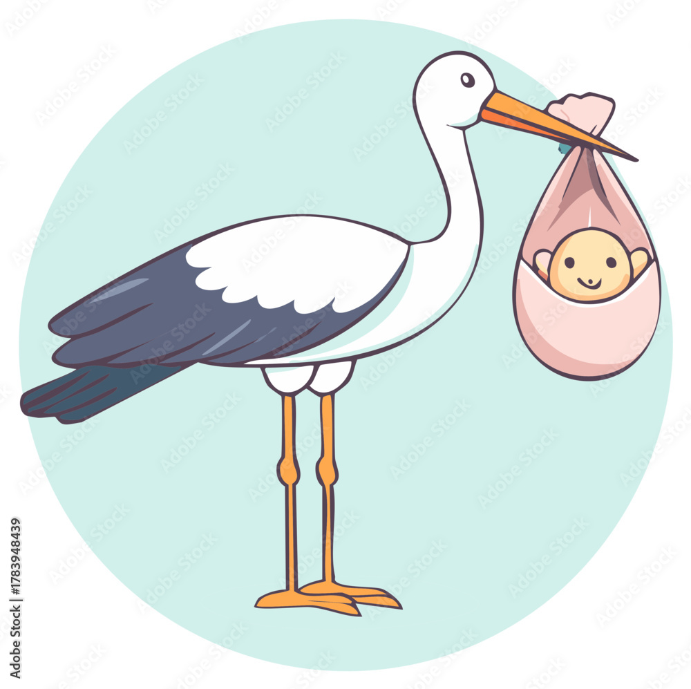 Fototapeta premium Delivery Stork Carrying Newborn Cartoon Illustration Welcoming New Baby