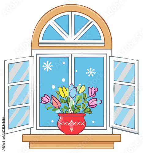 Cartoon illustration of flowers in a red pot on a windowsill during a snowfall.