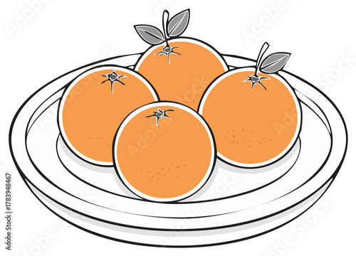 Stylized illustration of four ripe oranges with leaves on a white plate