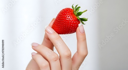 Hand holding a fresh, ripe strawberry, showcasing its vibrant red color and delicate texture against a soft, neutral background