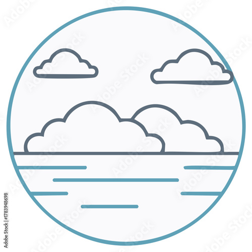Minimalist vector landscape view of clouds and ocean in a circle frame illustration