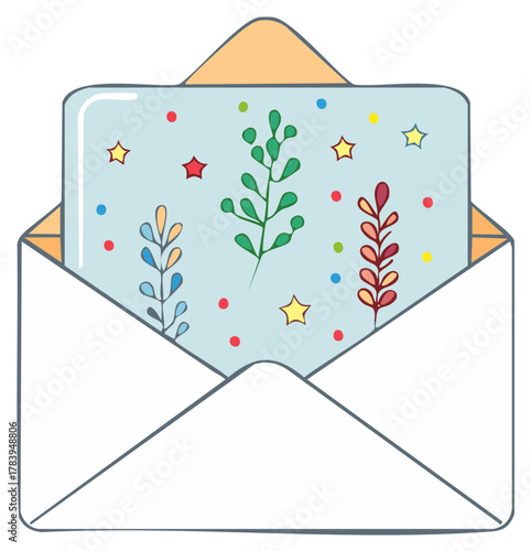Hand drawn illustration of an open envelope with a colorful greeting card inside featuring floral patterns and confetti