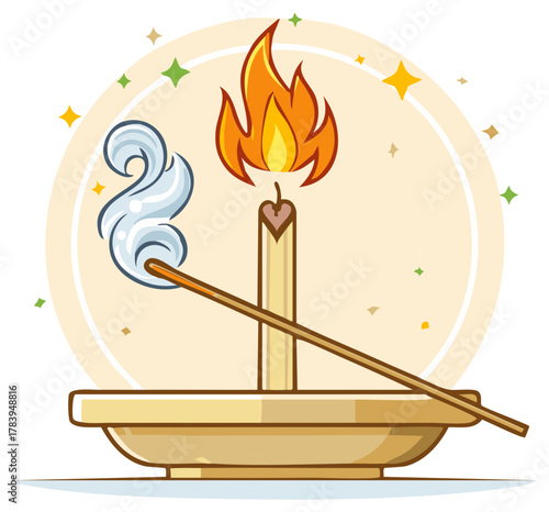 Illustration of a lit candle and incense stick with decorative sparks and a light circle.